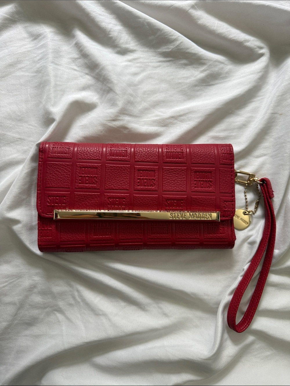 Steve Madden Red Embossed Logo Wristlet with Gold Accent